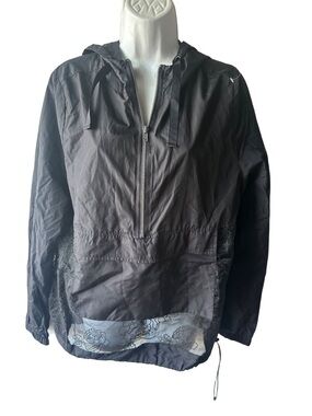 Fabletics Black Half Zip Windbreaker Jacket M Hooded Sheer Floral Lace Hem